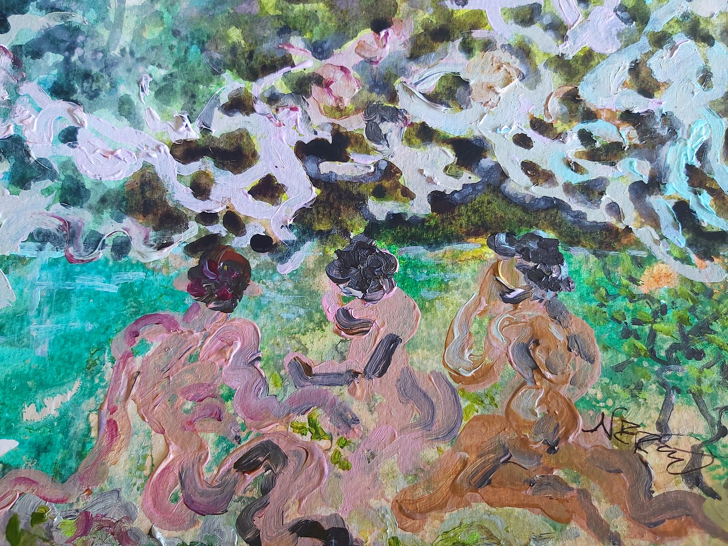 The Oreads” (2022) by Audrey Néron. Contemporary painting showing three mythological nymphs seated in a lush green landscape under abstract flowing shapes, blending human figures with nature in pink, brown, and green tones.