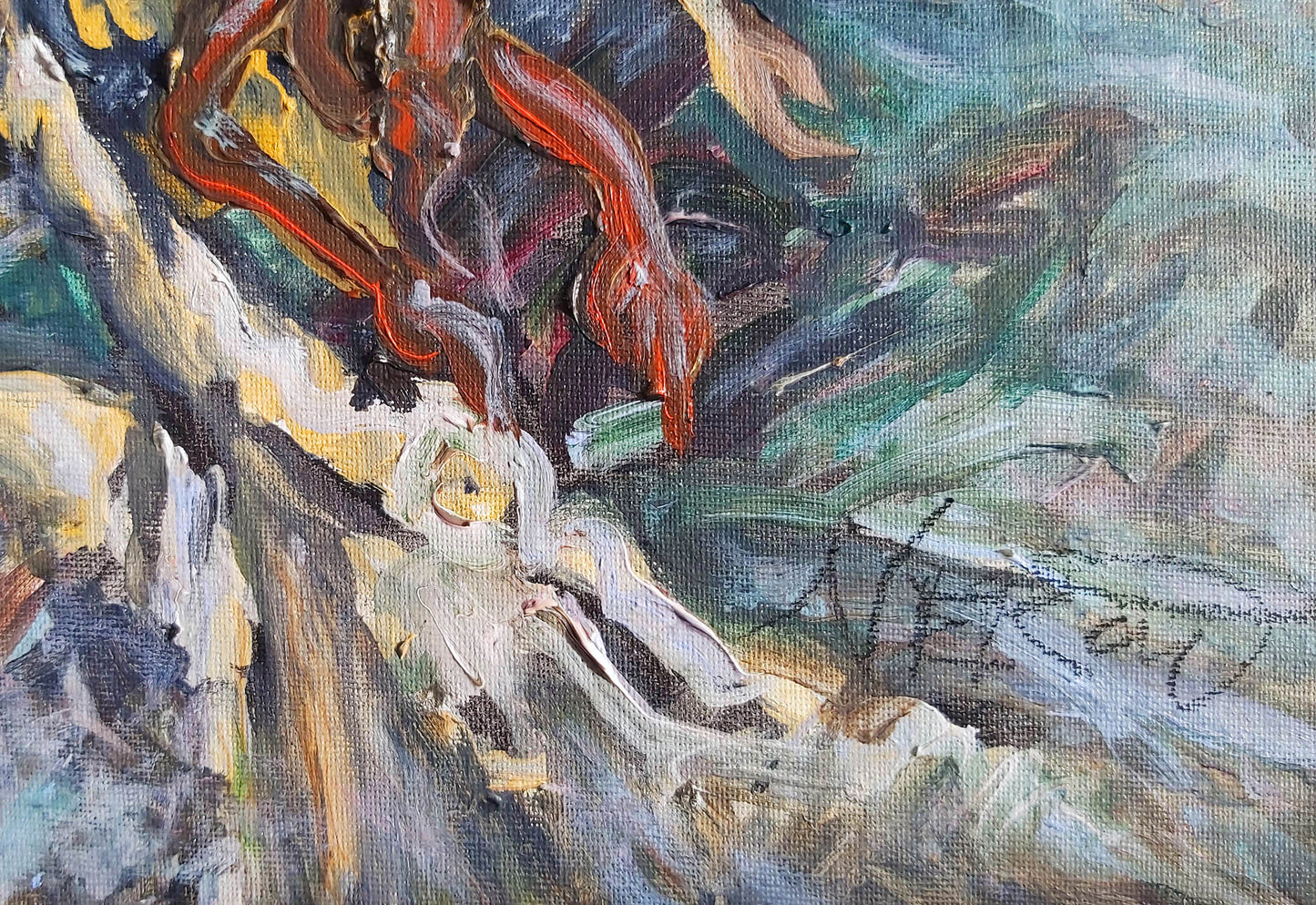 Close-up view of the artist Audrey Néron's signature, elegantly placed on 'The Raft of the Medusa I' (2022), showcasing intricate brushstrokes and rich texture in the surrounding area of the painting.