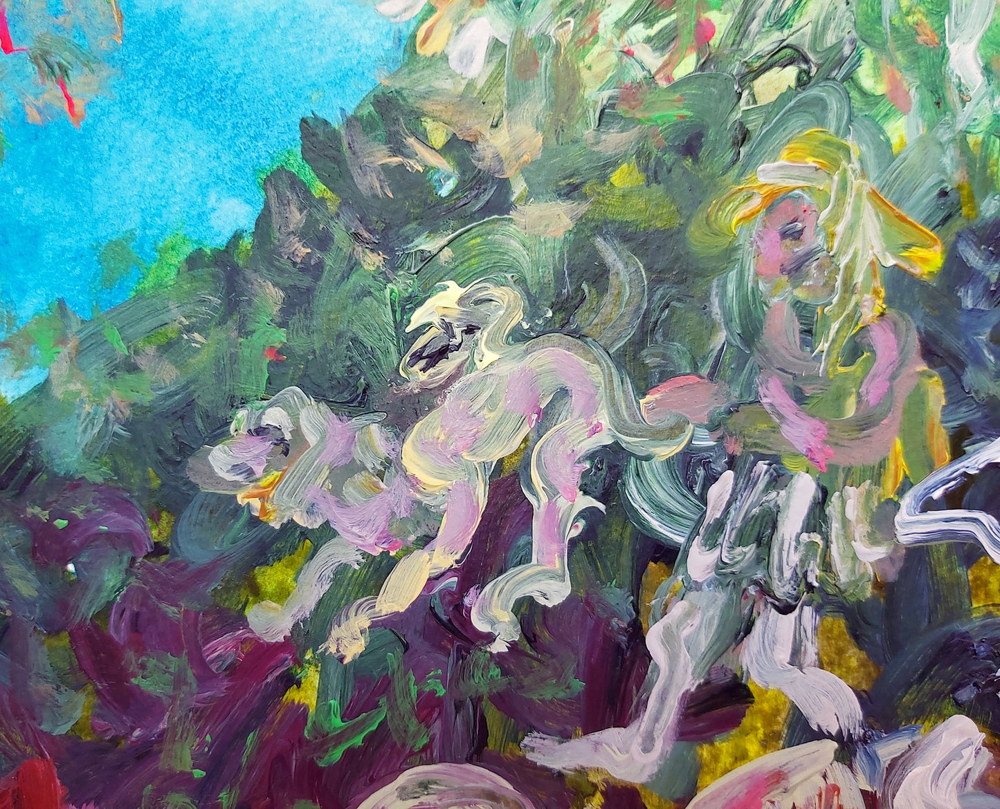 A detailed view from The Triumph of Death (2022) by Audrey Néron, highlighting the expressive depiction of dogs and a character entwined in the chaotic yet vivid composition. The dynamic brushstrokes and vibrant colors bring life to this poignant moment, reflecting themes of vitality and transience.
