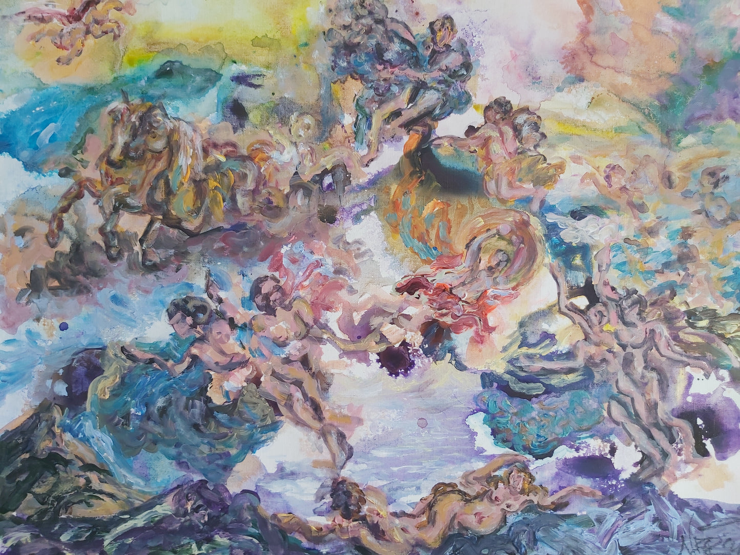 Chariot of Apollo” (2023) by Audrey Néron. Contemporary abstract painting with Apollo’s mythological chariot racing across the sky, vibrant figures and horses in motion, painted in bold strokes of blue, gold, and red.