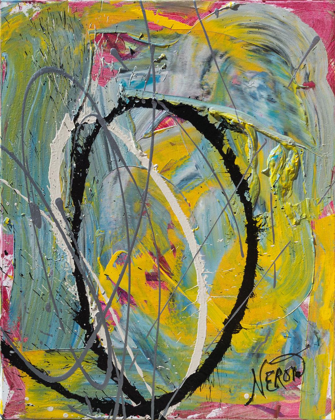 Abstract painting titled Heaven by Audrey Néron, featuring bold strokes of yellow and blue with expressive black arcs on a textured canvas, 24 x 30 inches.