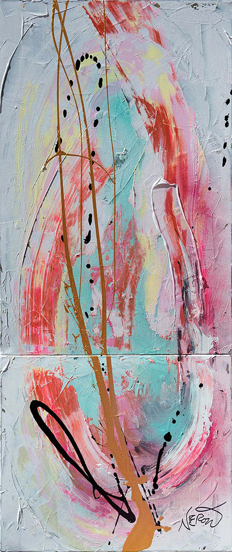 Vertical abstract diptych by Audrey Néron titled "The Origin of the World" (2018), featuring fluid pastel tones with bold black and gold lines on textured canvas