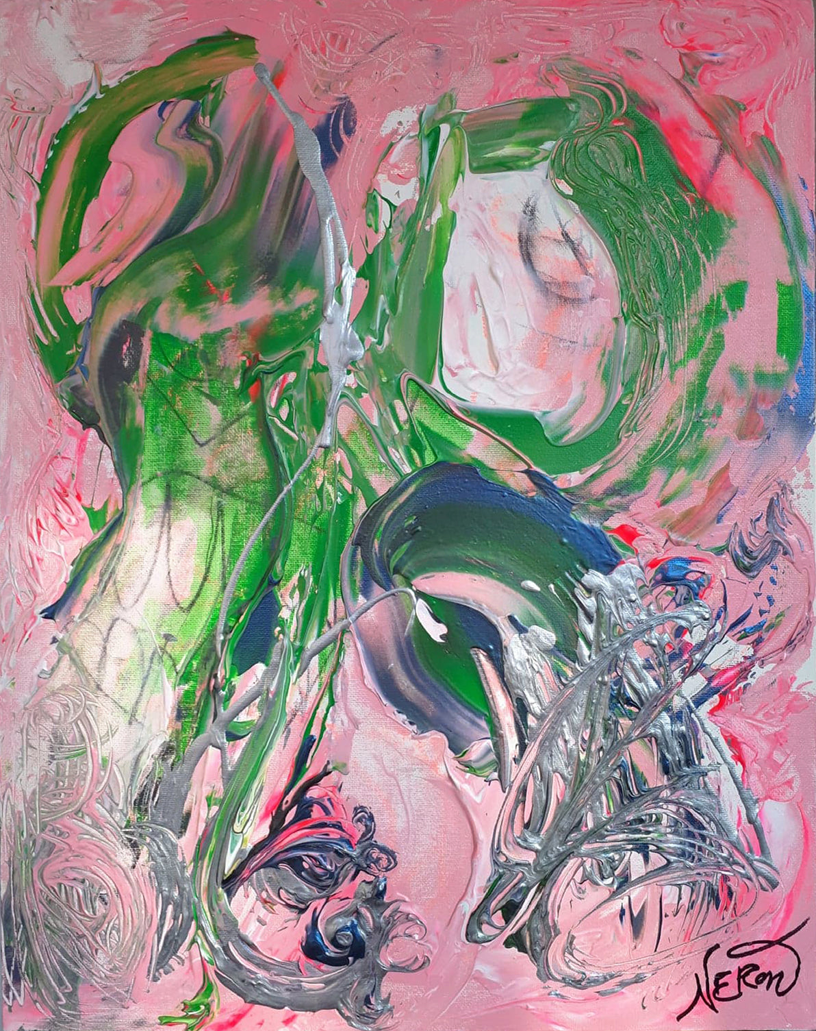 Abstract painting titled "Venus Garden" (2018) by Audrey Néron, featuring expressive green, pink, and silver brushstrokes on canvas board, framed in white