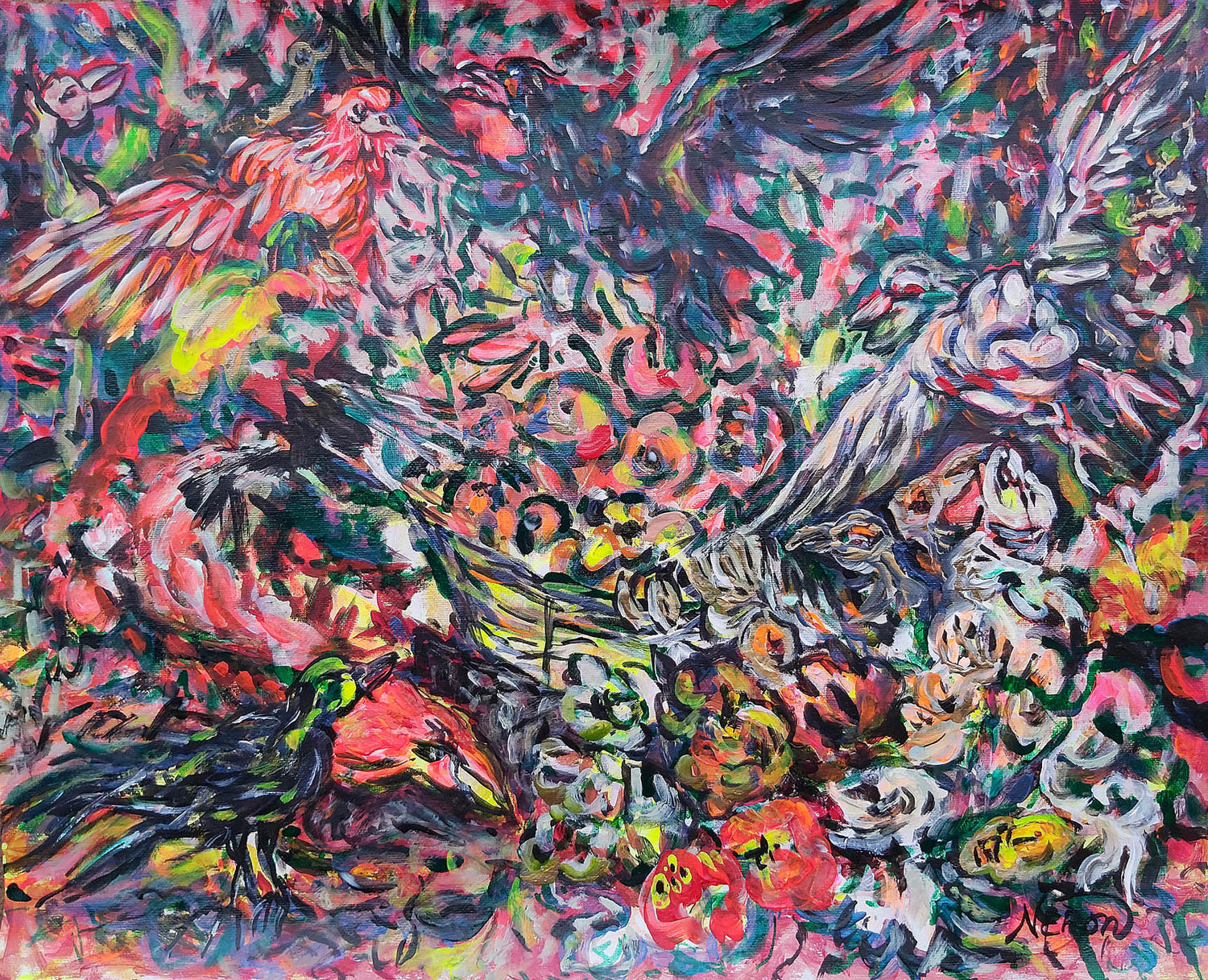 Volucrum Symphonia, 2025, by Audrey Néron. A vibrant acrylic and ink painting from the Avium Caos series, capturing the energy and movement of birds in nature.