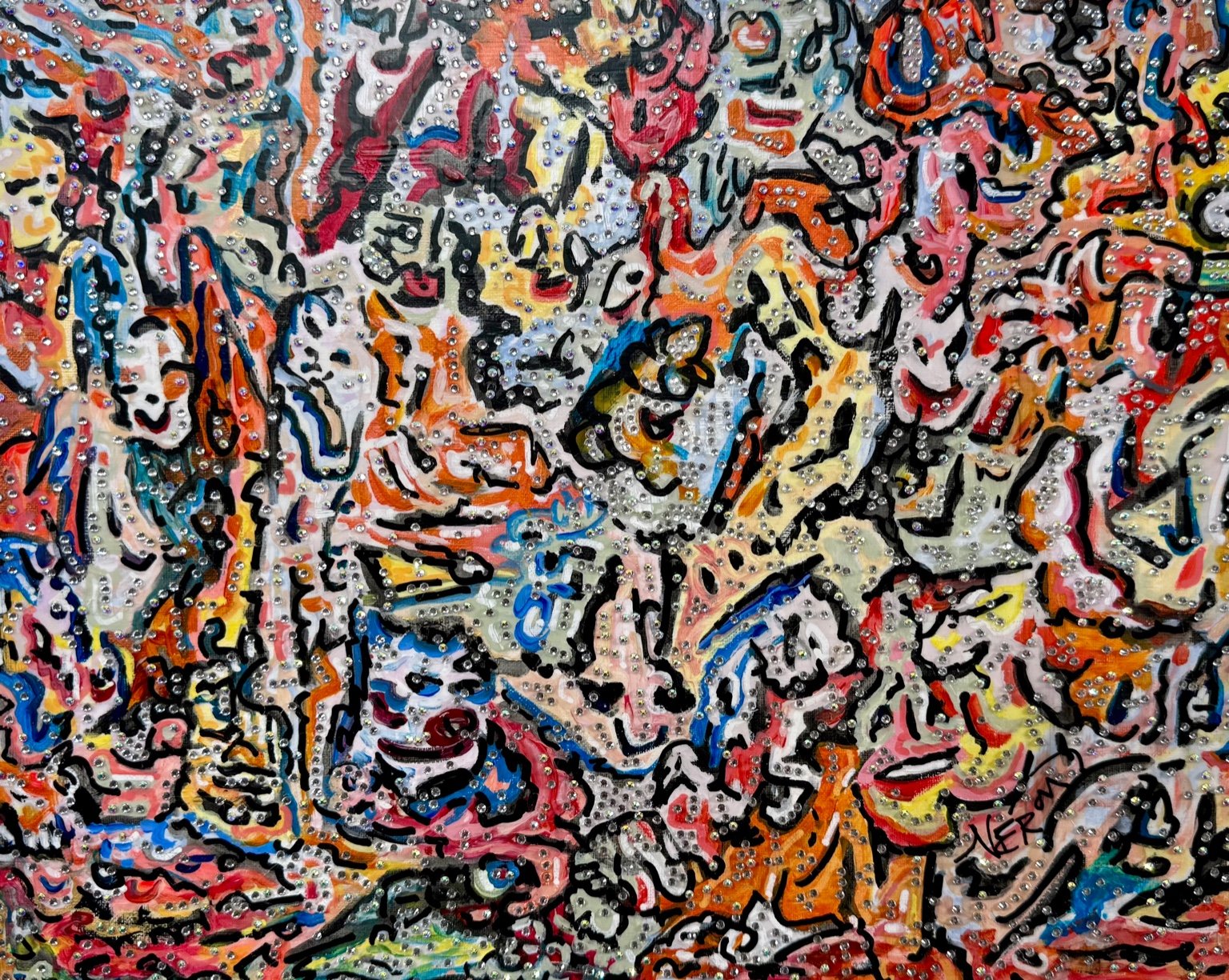 Flesh & Bloom (2025), a vibrant mixed-media artwork by Audrey Néron featuring layered abstract figures, vivid colors and shimmering crystal accents on marouflaged Canson paper.