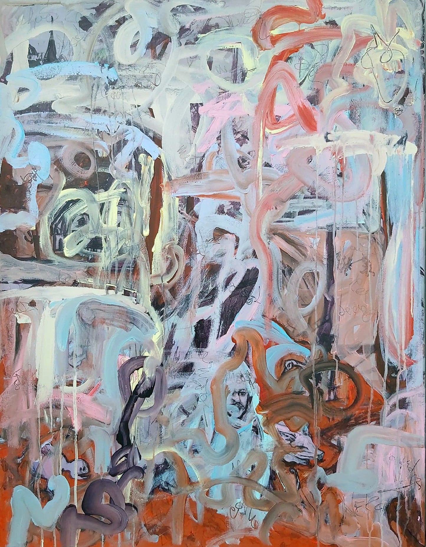 Hieronymus (2021) by Canadian artist Audrey Néron, abstract figurative painting from the Humans Landscape series. Acrylic, oil, and china marker on canvas, 30 × 40 in. Dynamic composition with swirling forms, vibrant colors, and layered textures inspired by Hieronymus Bosch.