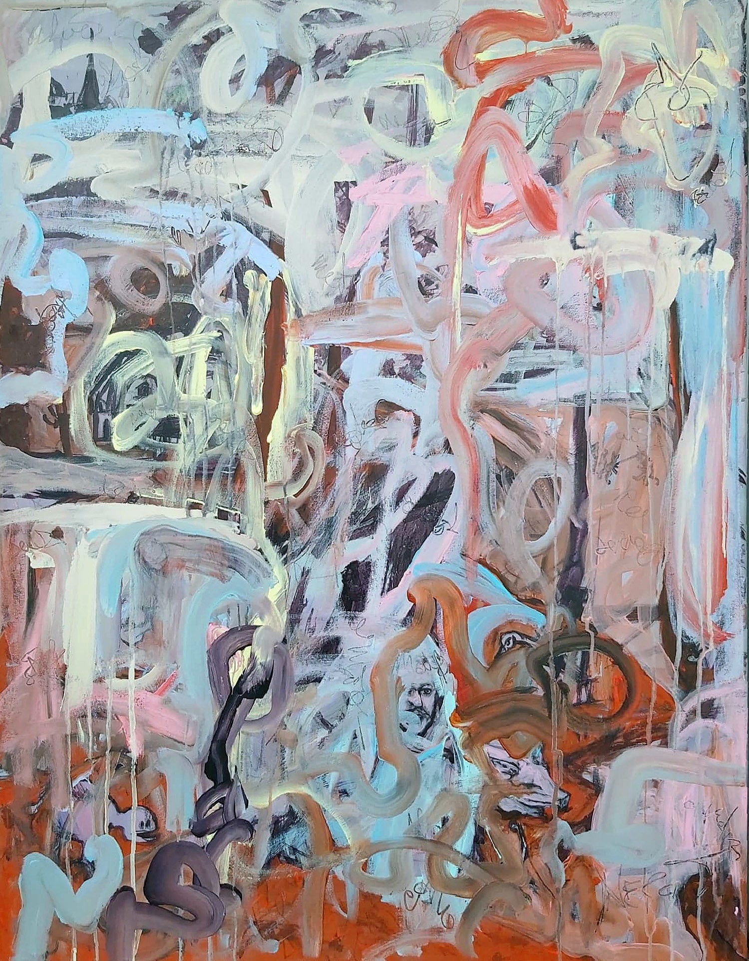 Hieronymus (2021) by Canadian artist Audrey Néron, abstract figurative painting from the Humans Landscape series. Acrylic, oil, and china marker on canvas, 30 × 40 in. Dynamic composition with swirling forms, vibrant colors, and layered textures inspired by Hieronymus Bosch.