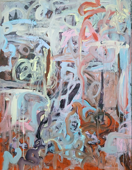 Hieronymus (2021) by Canadian artist Audrey Néron, abstract figurative painting from the Humans Landscape series. Acrylic, oil, and china marker on canvas, 30 × 40 in. Dynamic composition with swirling forms, vibrant colors, and layered textures inspired by Hieronymus Bosch.