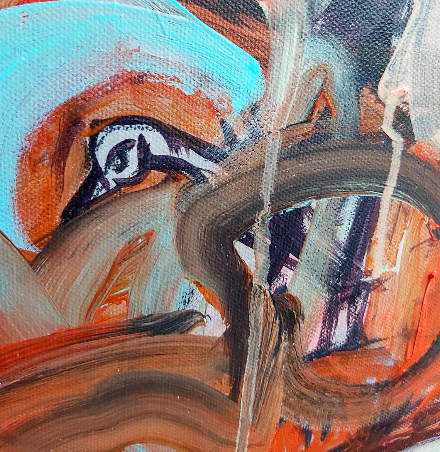 Detail view of Hieronymus (2021) by Audrey Néron, Humans Landscape Series, acrylic, oil, and china marker on canvas, featuring a surreal close-up of a painted eye framed by abstract orange and brown brushstrokes with expressive textures.