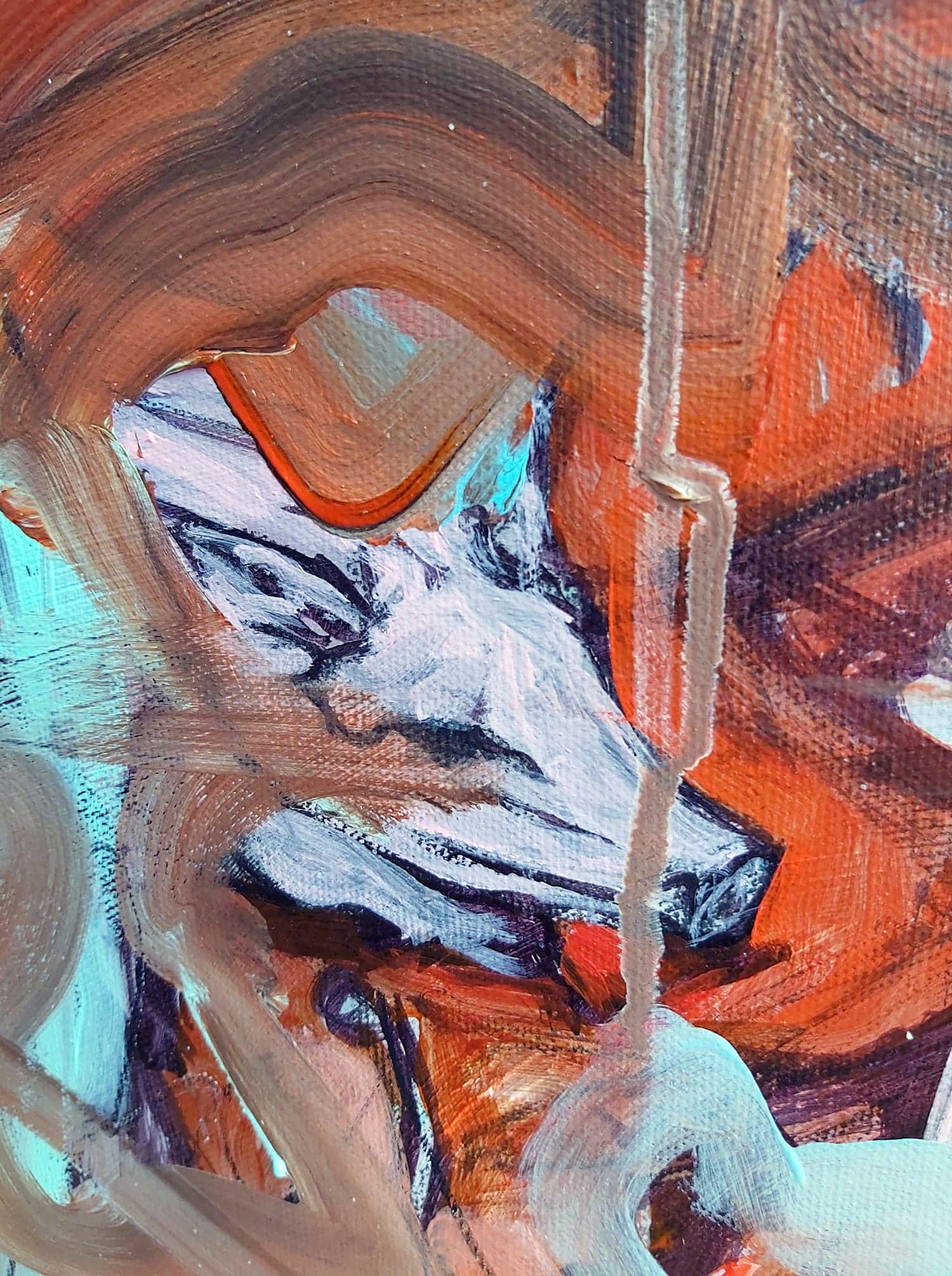 Detail view of Hieronymus (2021) by Audrey Néron, Humans Landscape Series, acrylic, oil, and china marker on canvas, showing a surreal close-up of an abstract wolf-like figure with dynamic brushstrokes in orange, white, and turquoise.