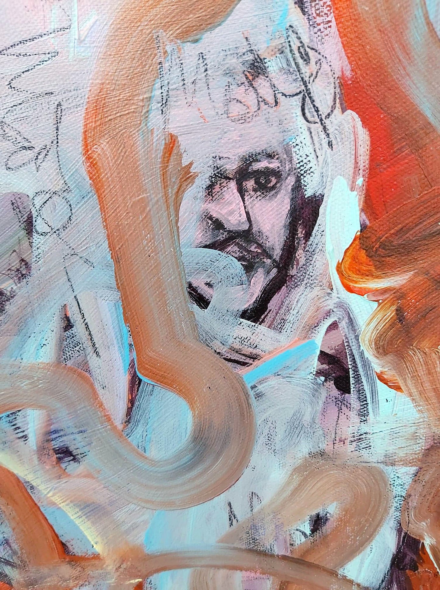 Detail view of Hieronymus (2021) by Audrey Néron, Humans Landscape Series, acrylic, oil, and china marker on canvas, featuring a surreal human face emerging among abstract swirling brushstrokes in orange, blue, and earthy tones.