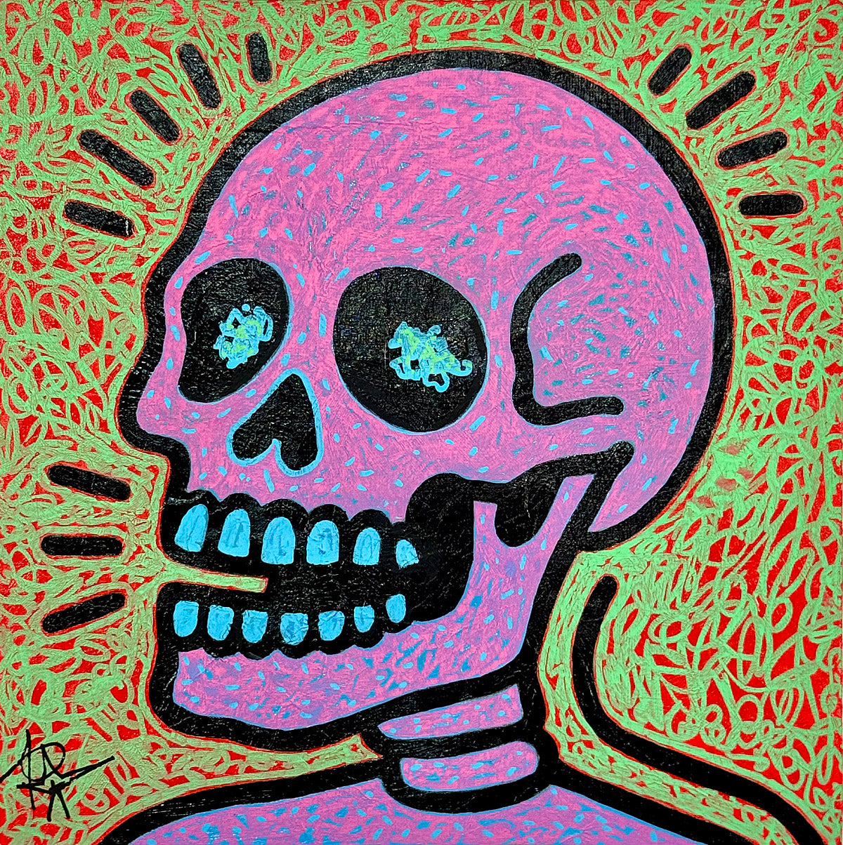 Pop Icon style painting of a pink skull with blue details and bold black outlines on a vibrant green patterned background, contemporary acrylic artwork by Audrey Néron.