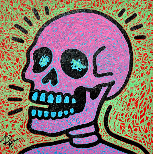 Pop Icon style painting of a pink skull with blue details and bold black outlines on a vibrant green patterned background, contemporary acrylic artwork by Audrey Néron.