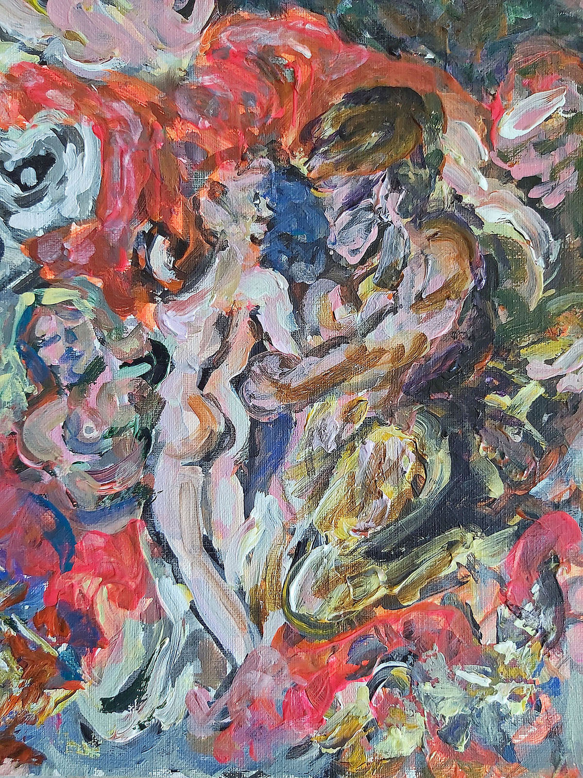 Close-up detail of Audrey Néron’s painting Ultimus Clamor (2022), showing an intimate embrace between two abstracted human figures surrounded by swirling, expressive brushstrokes in red, gold, and violet hues.