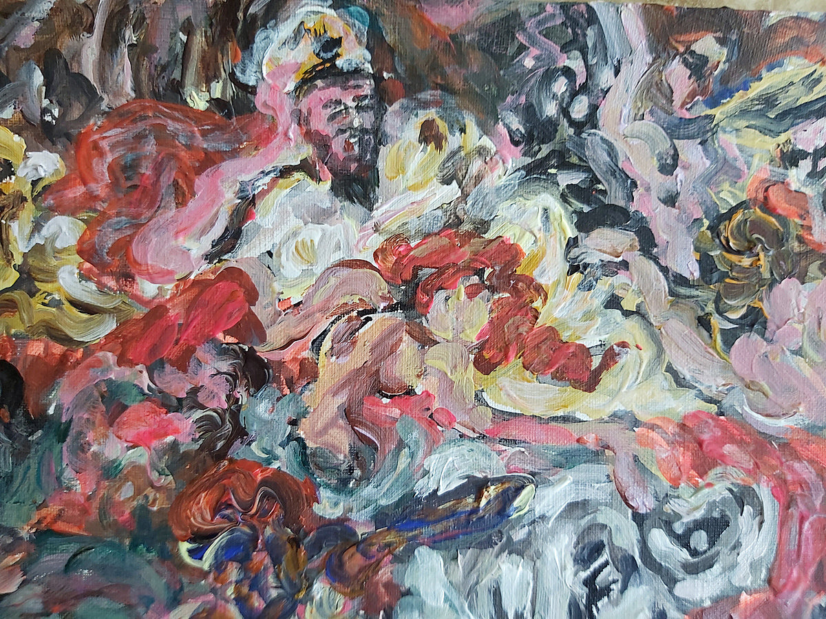 Close-up of Audrey Néron's painting Ultimus Clamor (2022), showing expressive brushstrokes in red, yellow, white, and pink tones forming abstract human figures in emotional turmoil.
