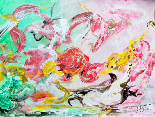 Abstract painting Avium Caos II by Audrey Néron (2024), from the Garden of Delight series — vibrant acrylic composition featuring fluid pink, yellow, and green brushstrokes suggesting birds and floral motion in a luminous, dreamlike atmosphere.