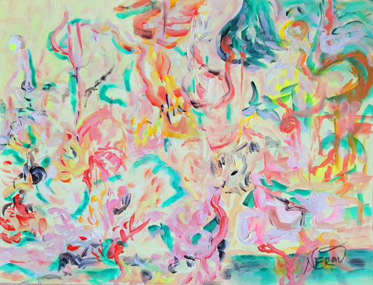Abstract painting titled “Avium Caos IV” (2024) by Canadian artist Audrey Néron. Vibrant composition from the Garden of Delight series featuring dynamic pastel tones of coral, pink, yellow, turquoise, and mint green. Expressive brushstrokes depict abstract avian and botanical forms in motion, evoking harmony between chaos and serenity. Acrylic on Canson paper, 16 x 24 inches, signed and varnished.