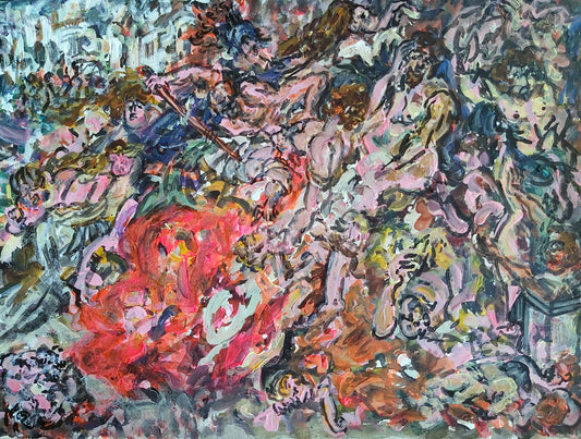 Bellum Deorum, 2022, altarpiece-style painting by Audrey Néron from the Humans Landscape series, featuring a chaotic mythological battle scene with expressive brushstrokes in red, pink, and earthy tones on paper mounted on wood.