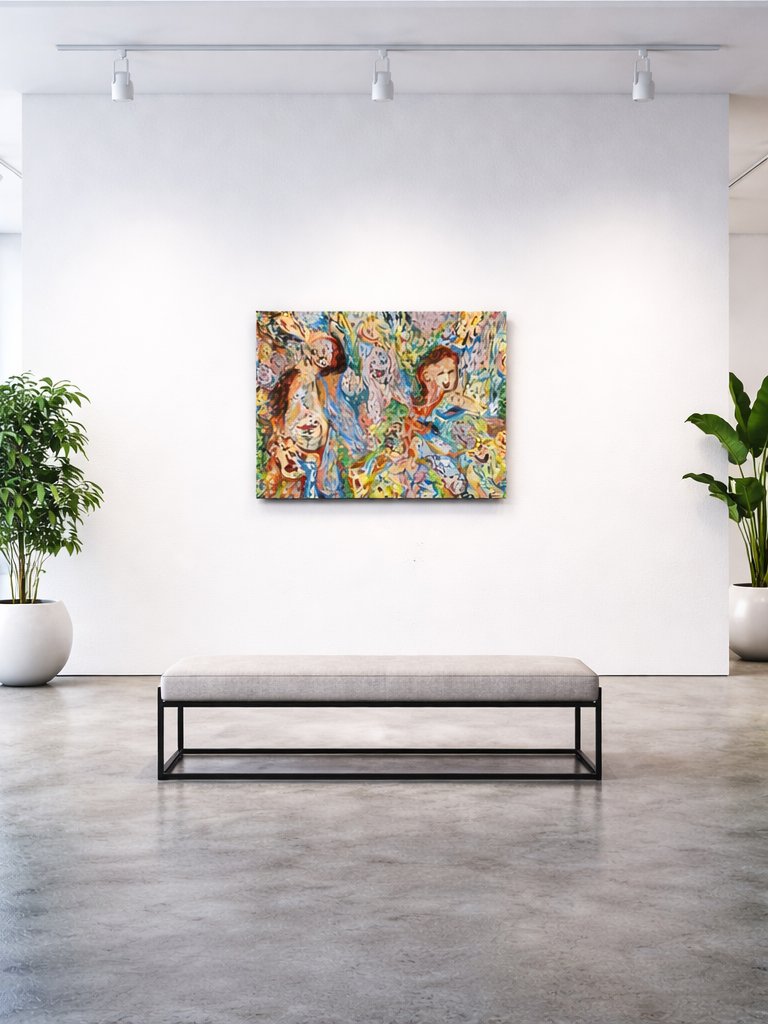 Blooming Choir (2025) by Audrey Néron, acrylic painting displayed in a modern interior, Meat and Petals series