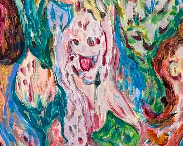 Detail of Blooming Choir (2025) by Audrey Néron, expressive faces and layered brushwork.