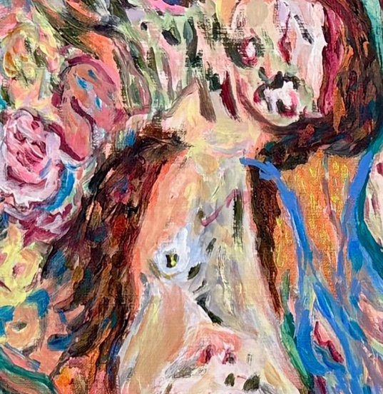 Detail of Blooming Choir (2025), expressive figurative painting by Audrey Néron