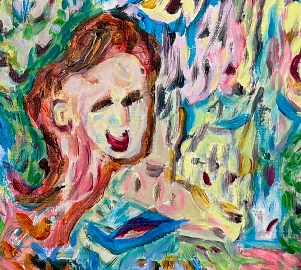 Detail of Blooming Choir (2025) by Audrey Néron, vibrant colors and figurative abstraction.