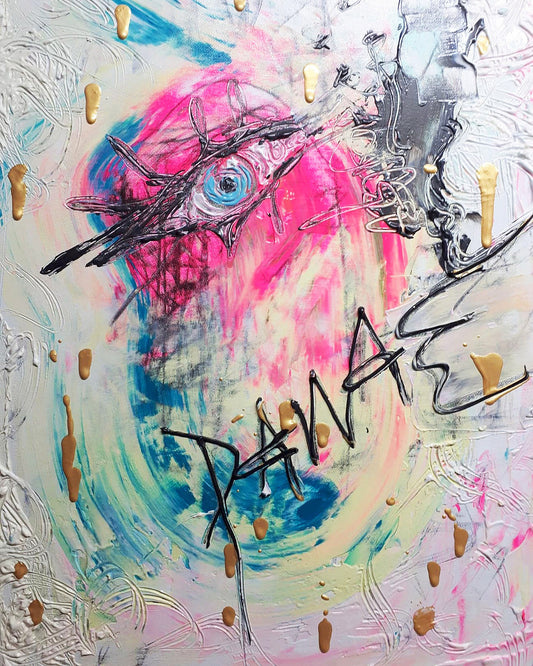Abstract painting titled Danae's Eye by Audrey Néron, featuring a central stylized eye surrounded by vibrant pink, turquoise, and gold textures, with bold black lines and expressive dripping effects.