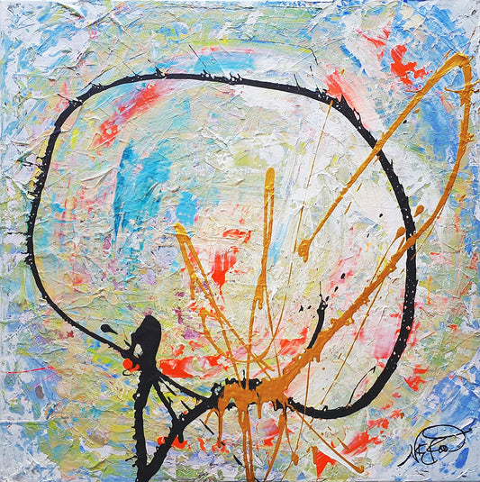 Flow VI (2018) by Audrey Néron – original abstract painting with bold black and gold gestures, textured pastel layers, and vibrant red and blue tones on a 30 x 30 in gallery canvas.