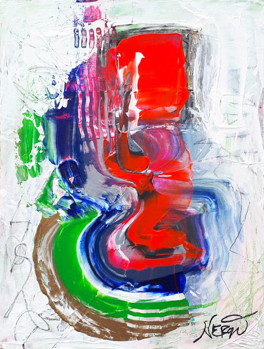 Immaterial (2019) by Audrey Néron – framed abstract mixed media painting featuring a central red figure-like form with layered textures on canvas.