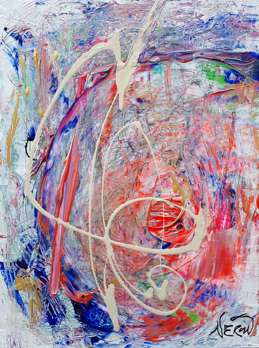 Inside (2019) by Audrey Néron – Abstract painting in acrylic and graphite featuring dynamic spirals and vibrant colors, framed and ready to hang.