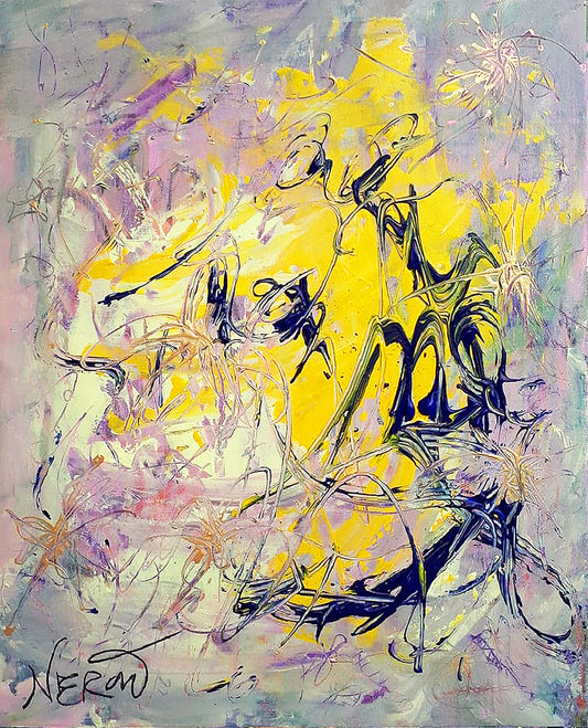 Joie (2019), a framed abstract painting by Audrey Néron featuring expressive yellow, lavender, and violet forms with layered pastel, graphite, and spray paint on canvas board. A bold interplay of texture and line evokes joyful movement and radiant energy.