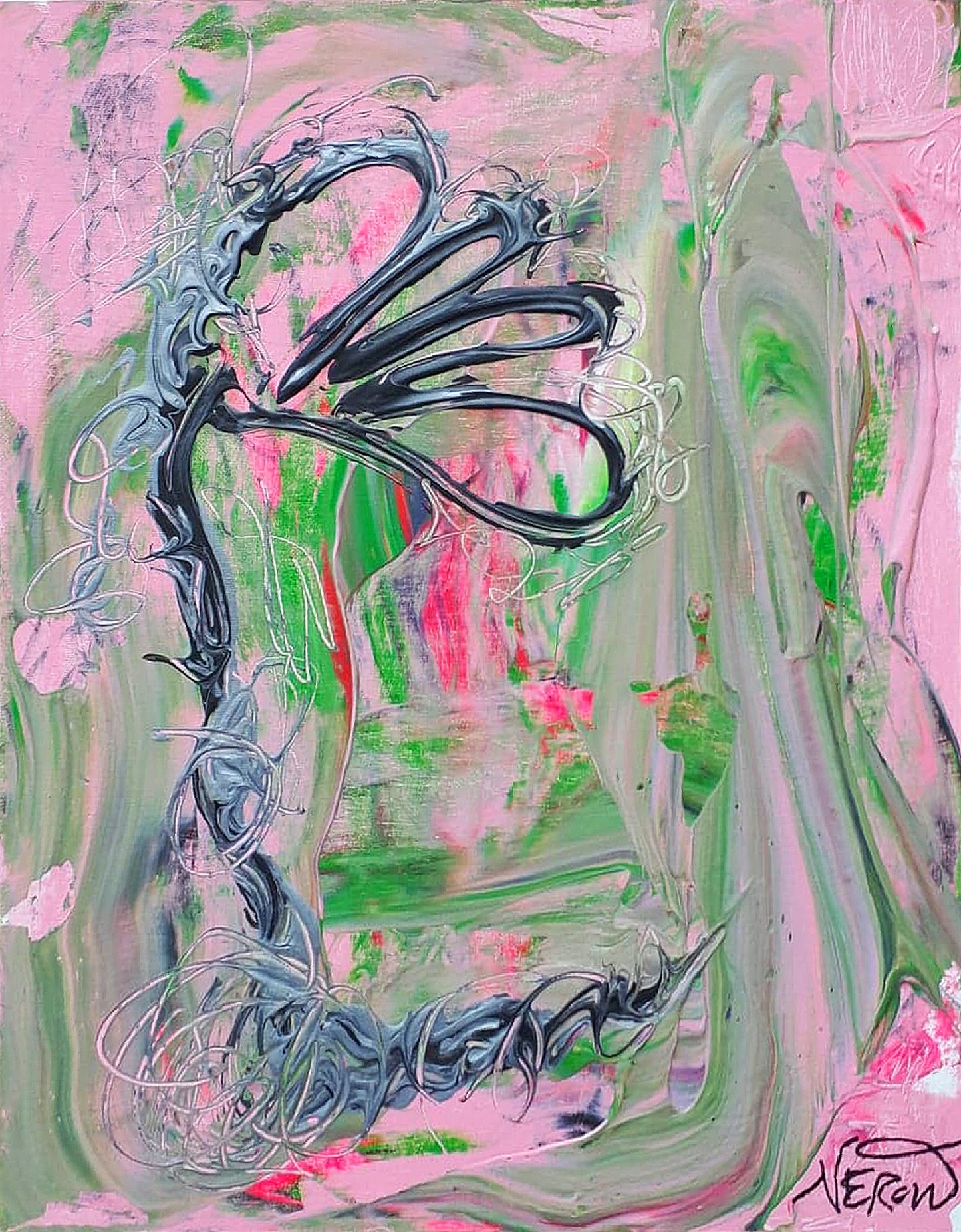 Abstract painting titled 'Louna' by Audrey Néron, featuring gestural black and silver organic lines over a fluid pink and green background, with swirling textures and pastel tones. Acrylic, pastel and graphite on canvas board, 2019.