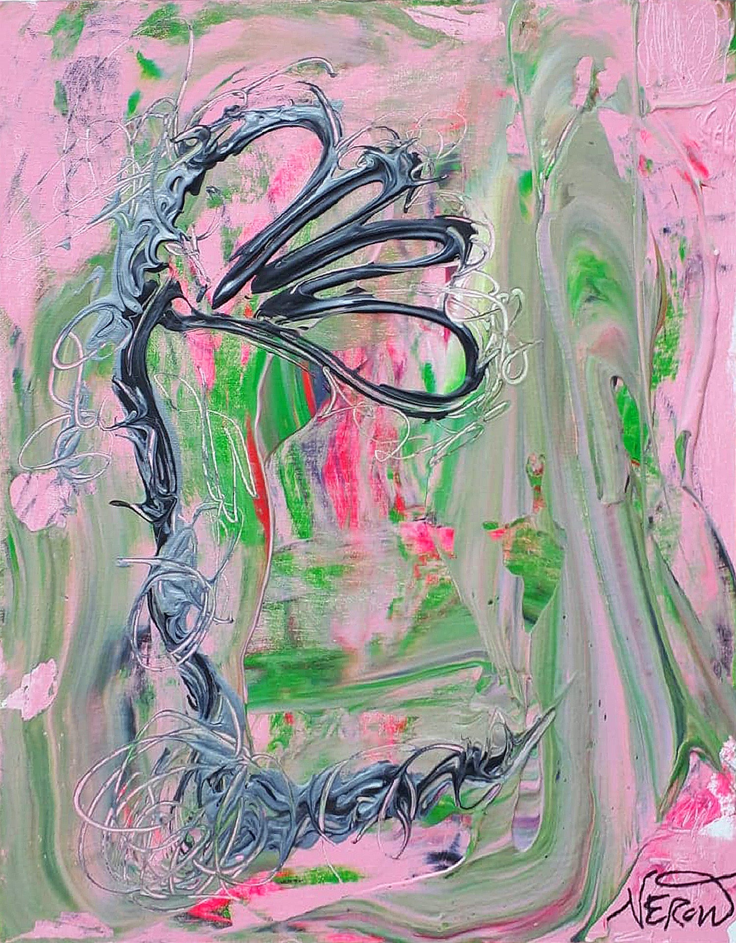 Abstract painting titled 'Louna' by Audrey Néron, featuring gestural black and silver organic lines over a fluid pink and green background, with swirling textures and pastel tones. Acrylic, pastel and graphite on canvas board, 2019.