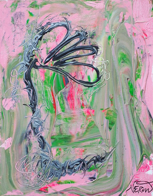 Abstract painting titled 'Louna' by Audrey Néron, featuring gestural black and silver organic lines over a fluid pink and green background, with swirling textures and pastel tones. Acrylic, pastel and graphite on canvas board, 2019.
