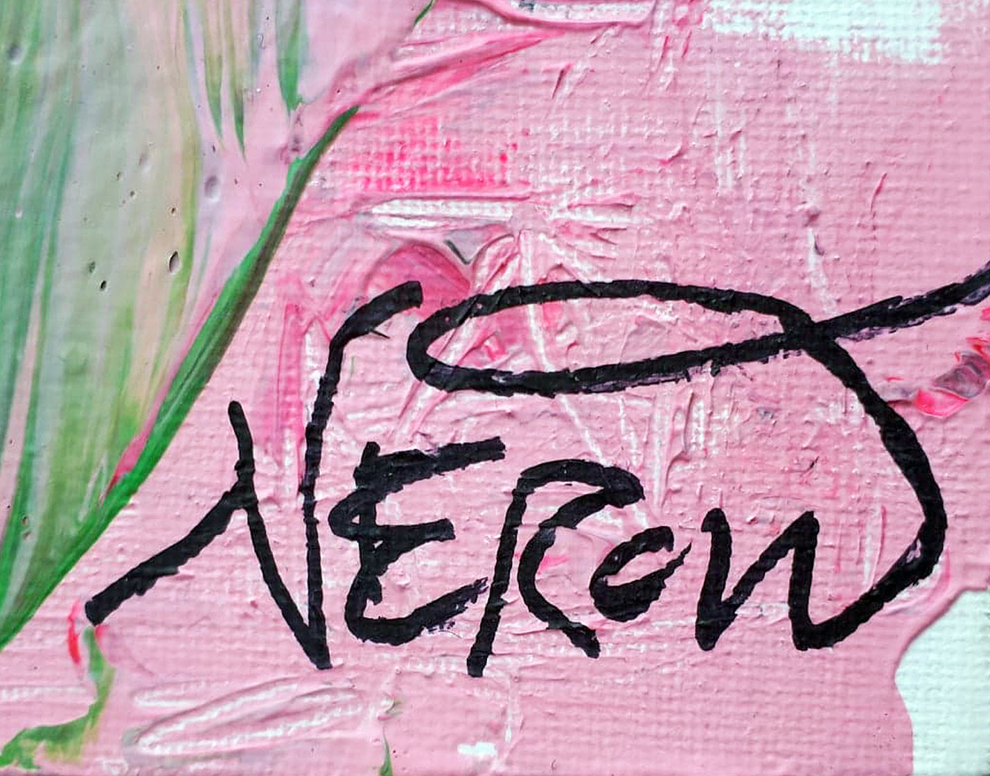 Close-up of the artist Audrey Néron's signature on the bottom right corner of the painting Louna. The signature is written in bold black ink over textured pink and green paint.