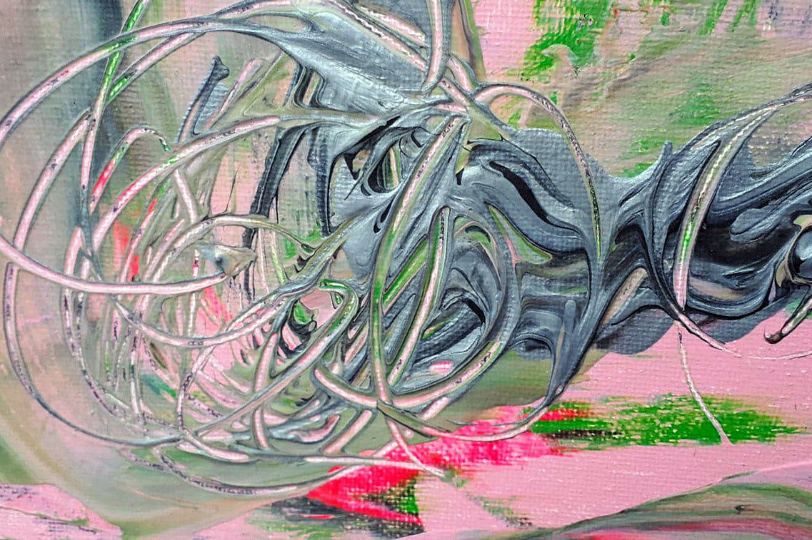 Close-up of the artwork Louna (2019) by Audrey Néron, showing intricate swirling textures in grey and white over a pastel background of pink and green, evoking organic motion and tactile energy.