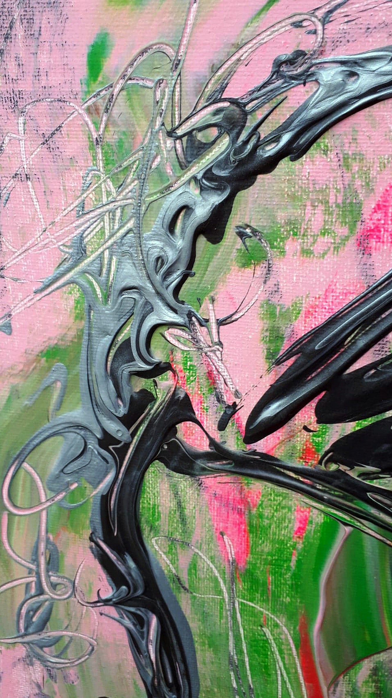 Close-up detail of 'Louna' by Audrey Néron, showcasing thick, swirling black and silver gestural lines layered over a textured background of pink and green. The composition reveals intricate textures and abstract organic forms.