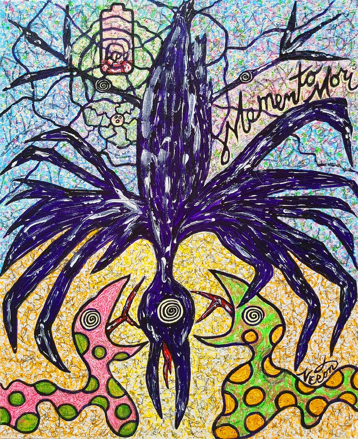 A vibrant mixed-media artwork by Audrey Néron featuring a large dark purple bird with spiraled eyes spreading its wings over two colorful serpentine figures. The background is densely textured with multicolored patterns in blue, pink, yellow, and green. The word “Memento Mori” is handwritten in the upper right corner. The composition is expressive, chaotic, and symbolic, with strong outlines and dynamic movement throughout the piece.