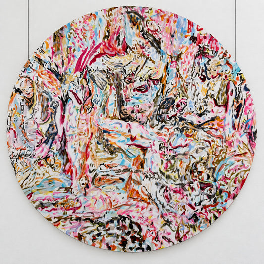 Bloom Nerve (2026) by Audrey Néron, acrylic on Canson paper mounted on wood, 30-inch tondo.