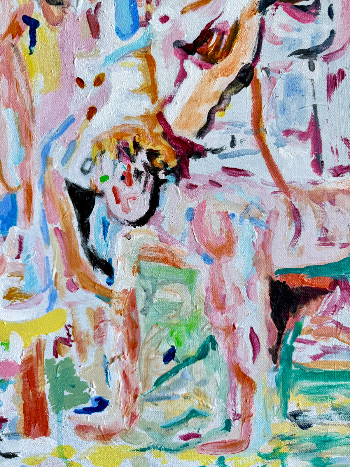 Close-up detail of Choir Drift (2026) by Audrey Néron featuring a pale fragmented figure emerging through layered pink, turquoise, cream, and black gestural brushstrokes.