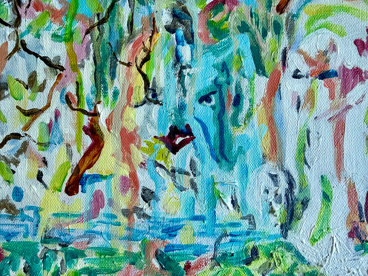 Close-up detail of Choir Drift (2026) by Audrey Néron featuring translucent turquoise and green gestural layers with ghost-like facial forms emerging through an atmospheric abstract surface