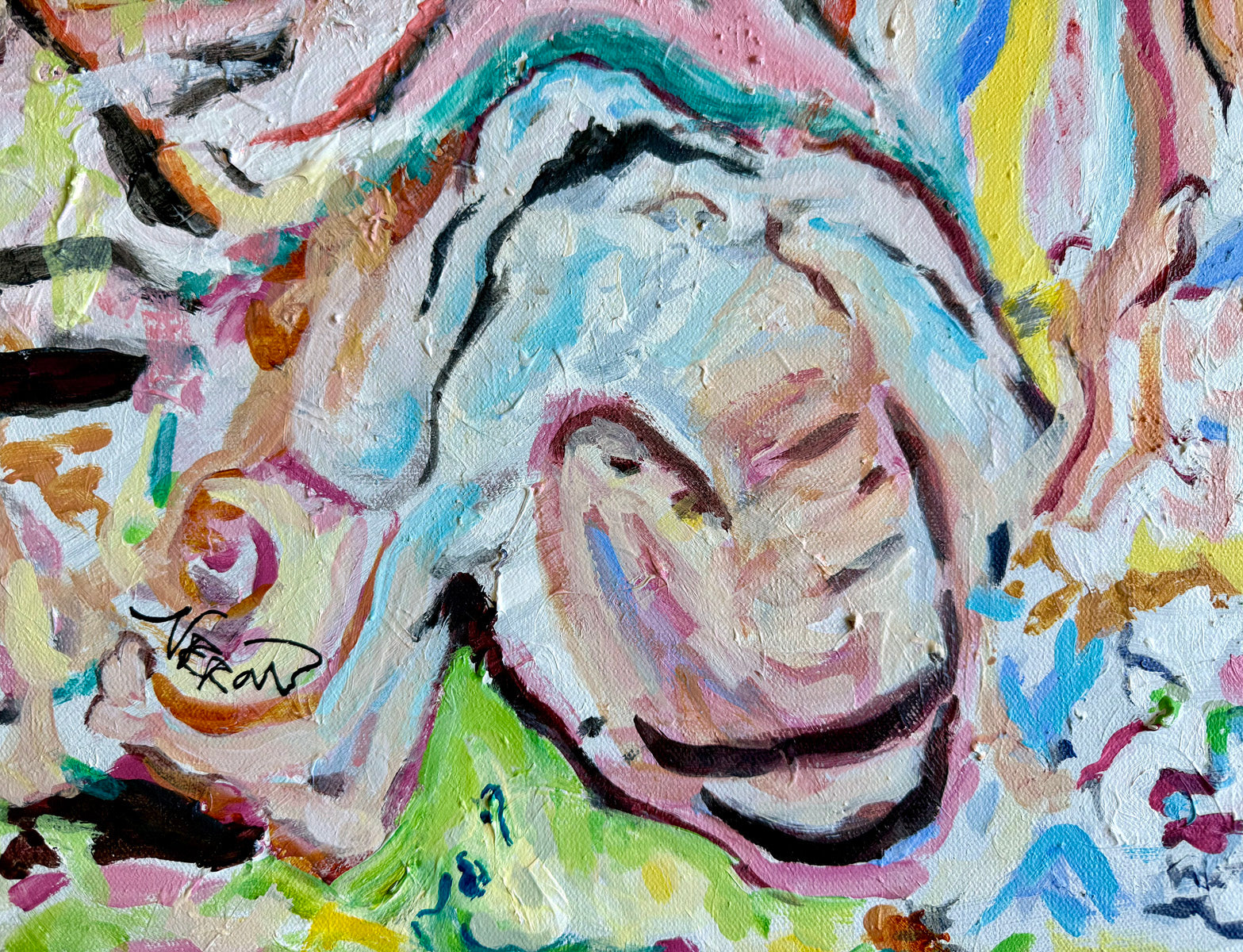 Close-up detail of Choir Drift (2026) by Audrey Néron featuring a pale fragmented form dissolving into layered pink, turquoise, cream, and black gestural brushstrokes