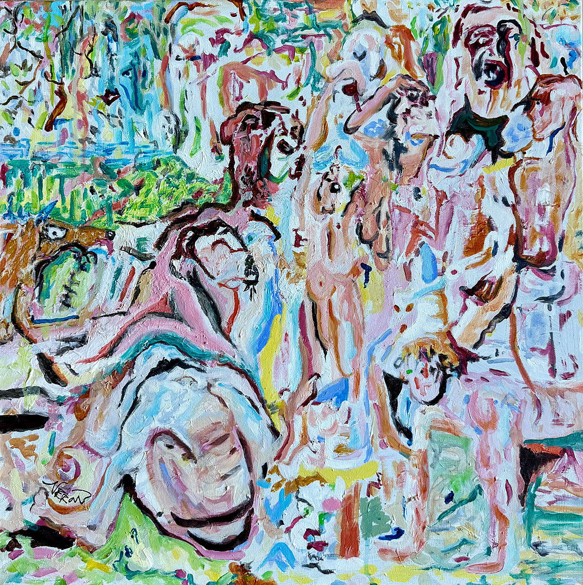 Choir Drift (2026) by Audrey Néron. Contemporary acrylic painting featuring fragmented figures suspended between abstraction and dissolution in layered pink, turquoise, green, and black tones.