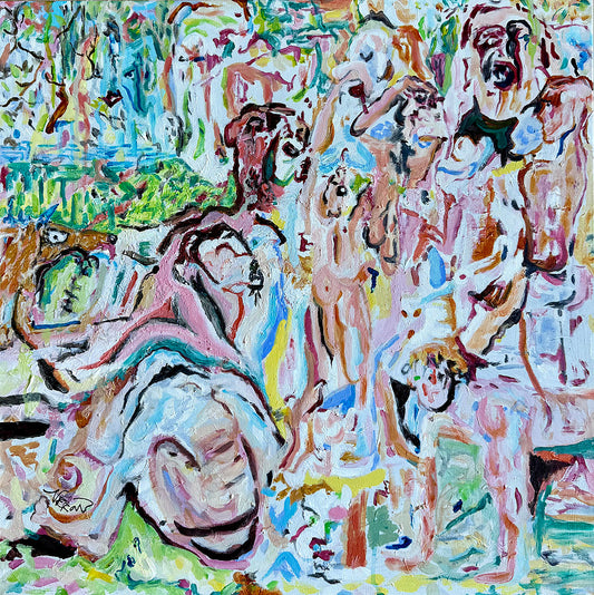 Choir Drift (2026) by Audrey Néron. Contemporary acrylic painting featuring fragmented figures suspended between abstraction and dissolution in layered pink, turquoise, green, and black tones.