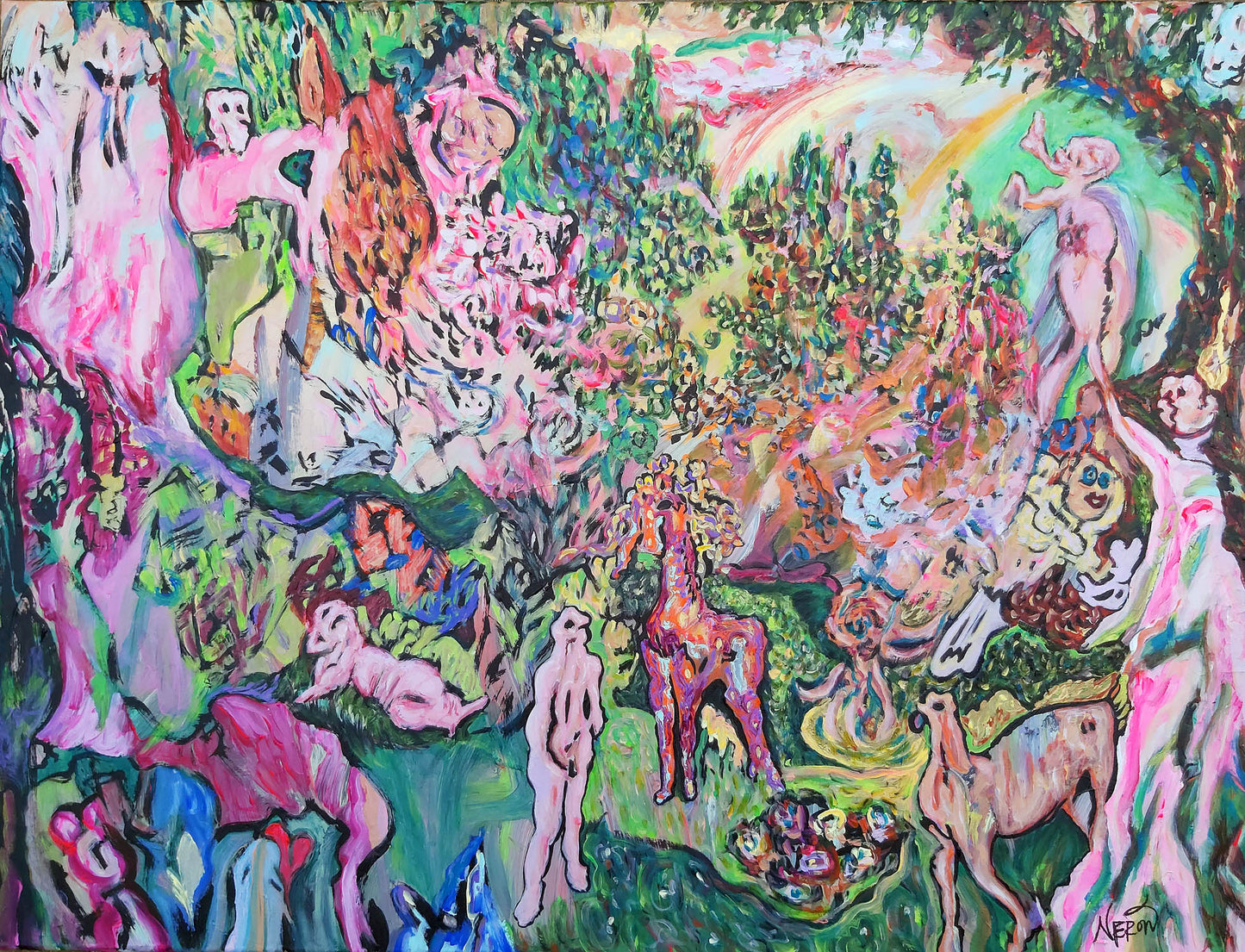 Colorful surrealist painting depicting a dreamlike garden filled with hybrid figures, fantastical animals, and lush vegetation. Vibrant pink, green, and blue brushstrokes blend into an expressive, chaotic yet harmonious composition. Contemporary mixed-media artwork by Audrey Néron.