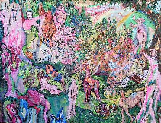 Colorful surrealist painting depicting a dreamlike garden filled with hybrid figures, fantastical animals, and lush vegetation. Vibrant pink, green, and blue brushstrokes blend into an expressive, chaotic yet harmonious composition. Contemporary mixed-media artwork by Audrey Néron.