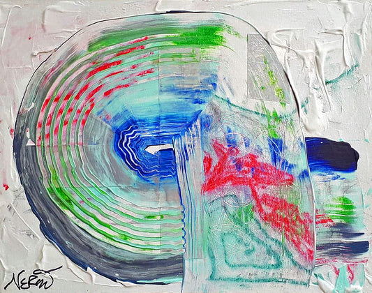 Obsolescence (2019) by Audrey Néron – abstract painting in acrylic, pastel, and graphite featuring a central spiral form with layered textures and vivid color accents on canvas board.