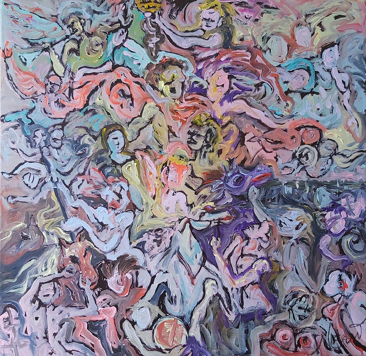 Sea Triumph (2021) by Audrey Néron – Abstract expressionist painting in acrylic and oil on canvas, featuring swirling human figures emerging from turbulent sea waves in pastel pinks, purples, and blues. Original artwork from the Humans Landscape Series.