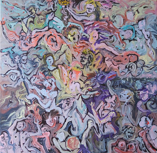 Sea Triumph (2021) by Audrey Néron – Abstract expressionist painting in acrylic and oil on canvas, featuring swirling human figures emerging from turbulent sea waves in pastel pinks, purples, and blues. Original artwork from the Humans Landscape Series.