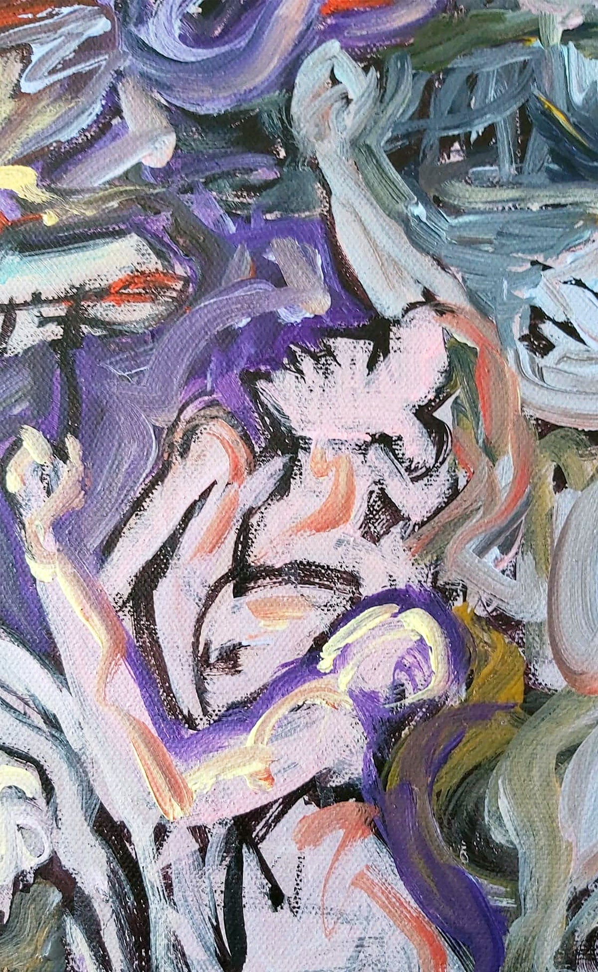 Detail of Sea Triumph (2021) by Audrey Néron – abstract expressionist painting in acrylic and oil on canvas, close-up of a human figure in swirling purple, pink, and pastel tones, emphasizing movement and fluid brushstrokes.